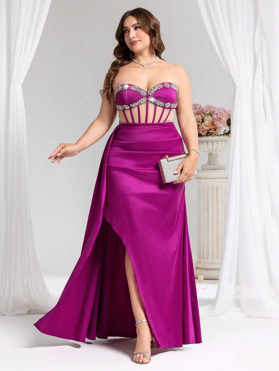 Coutiva Plus Size Sexy Elegant Rhinestone Decor Slit Front Strapless Party Dress,Woman Dress Western Dresses For Women Woman Easter Dress Prom Dresses For Woman Women Formal Gowns Woman Formal Plus
