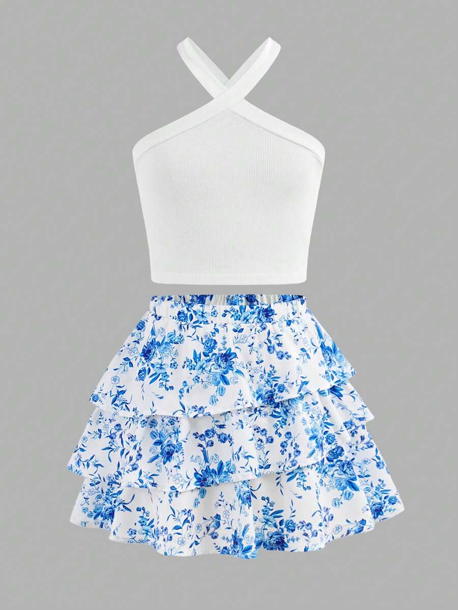 SHEIN Girlism Ensemble de 2 pièces pour filles pré-adolescentes : débardeur en tricot unicolore + jupe évasée imprimée en tissu, décontracté pour les vacances