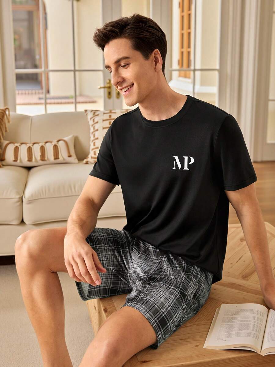 Manfinity Underwear&Sleepwear Basics Camiseta de manga corta con cuello redondo y estampado de letras para hombre, para usar en casa