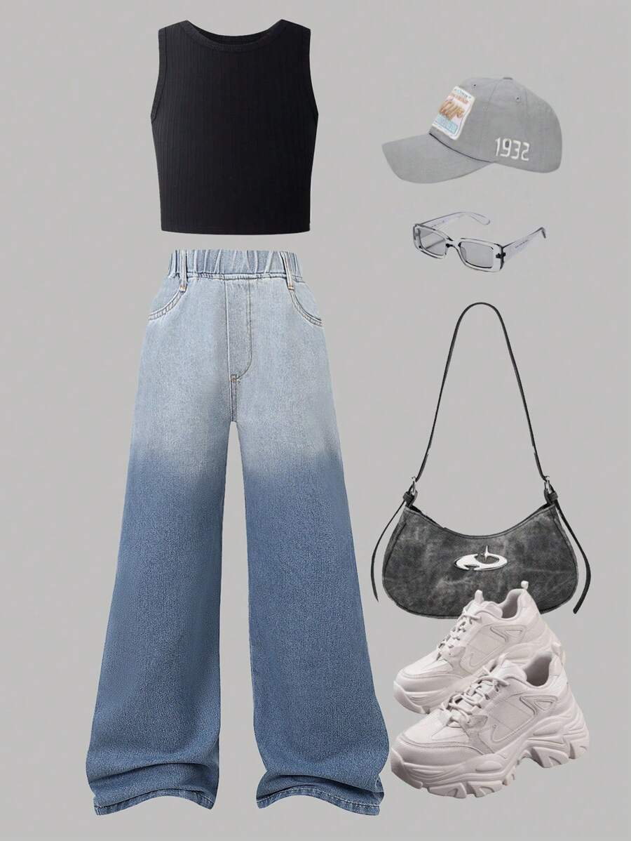 SHEIN Tween Girl Sleeveless Solid Color Tank Top & Ombre Denim Jeans 2 Pieces Set