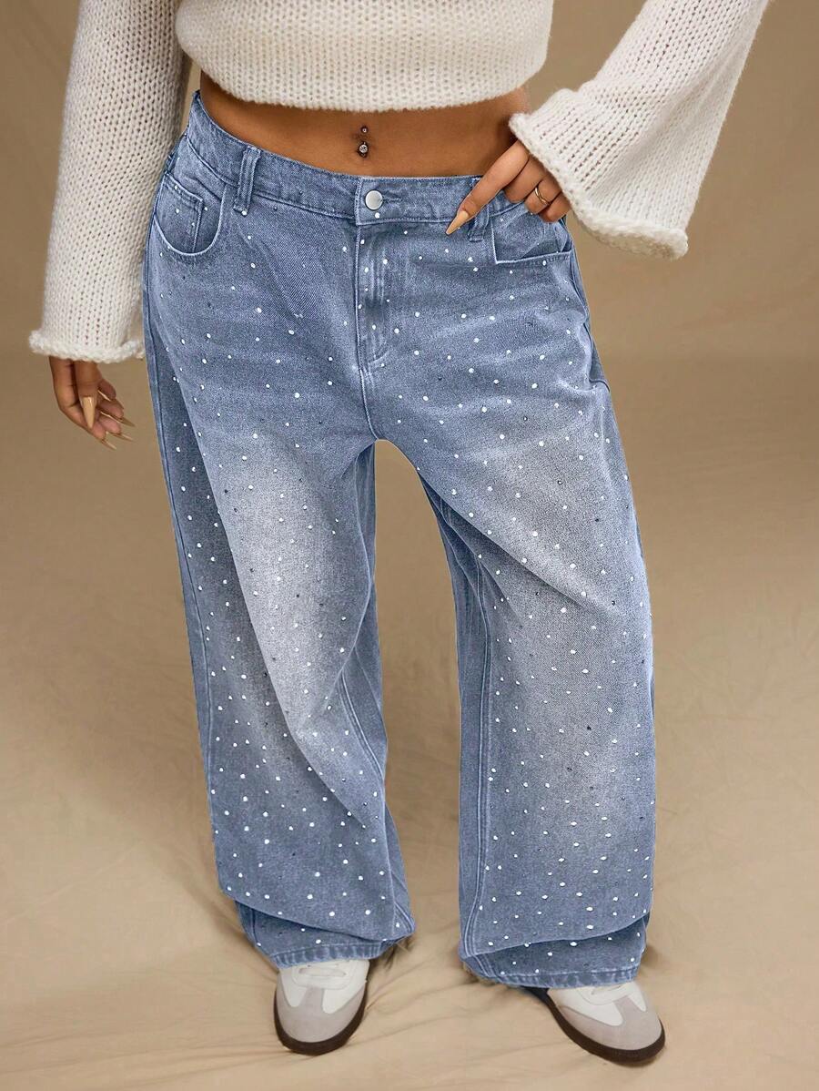 SHEIN Forever 21 Jeans casuales de pierna ancha con bolsillos y adornos de strass para mujeres de talla grande