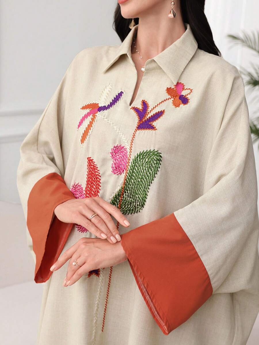 SHEIN Najma Túnica con mangas tipo murciélago y puños bordados de color contrastante, estilo modesto tipo kaftan