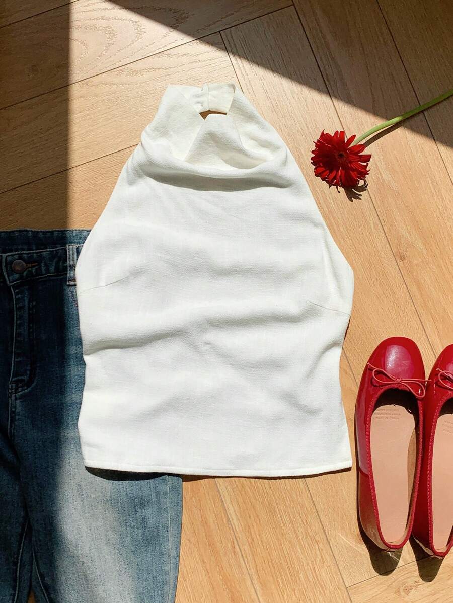 Comfortcana Top a camicia da donna in lino senza schienale, con spalline a spaghetti, ideale per le vacanze estive