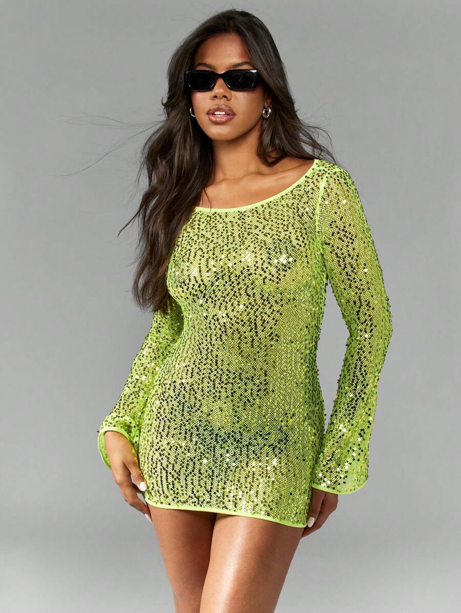 MISSGUIDED Abito mini aderente con maniche lunghe e paillettes, con taglio sulla schiena, per eventi serali, feste, discoteca, luccicante, scintillante, adatto a Capodanno e per balli