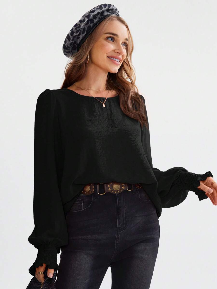 EMERY ROSE Round Neck Solid Color Lantern Sleeve Shirt, Casual For Autumn,Long Sleeve Tops