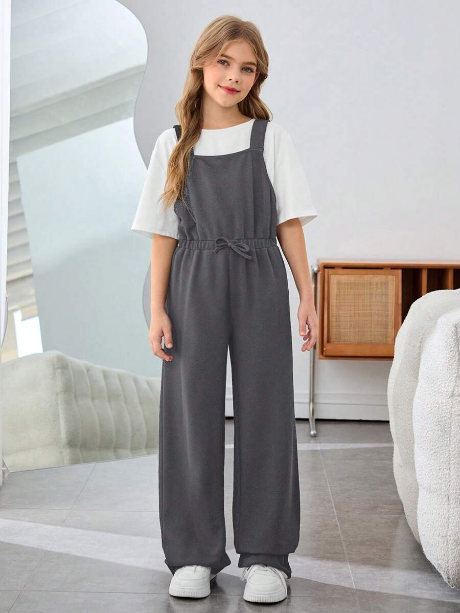 SHEIN Tween Girls Casual Knitted Solid Color Overall Jumpsuit