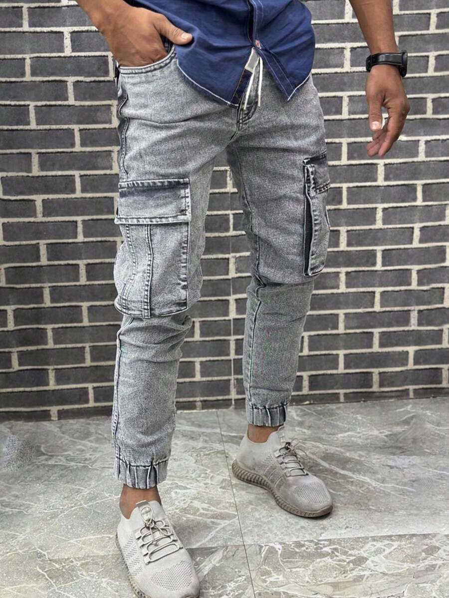 Manfinity LEGND Men's Solid Color Skinny Pocket Casual Fashion Denim Slim Waisted Long Pants