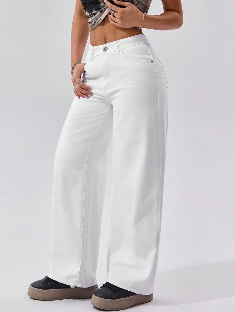 SHEIN PETITE Women's Loose Fit Pocket Casual Wide Leg Jeans