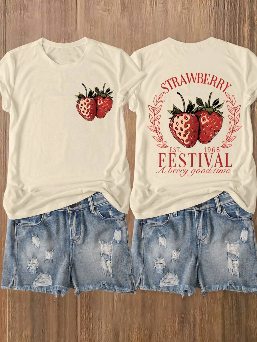 Maglietta a maniche corte da donna con stampa di fragola e lettera, adatta per outfit casual da esterno e per feste, adatta per tutte le stagioni