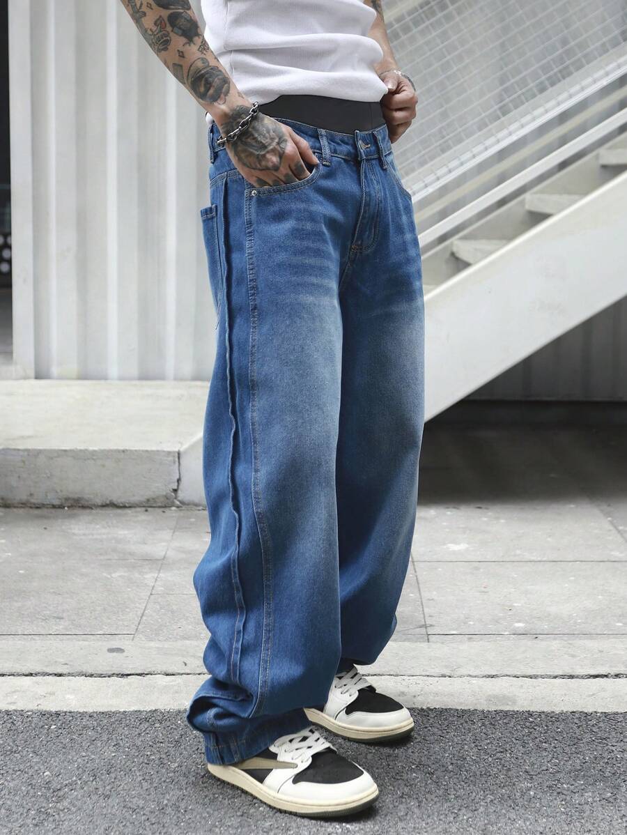 Manfinity EMRG Men's Loose Fit Wide Leg Casual With Pockets Blue Jeans