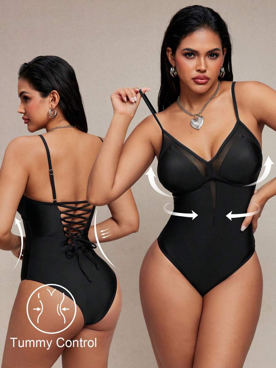 SHEIN Swim Costume da bagno intero con controllo addominale, realizzato in rete e pizzo, con lacci sulla schiena