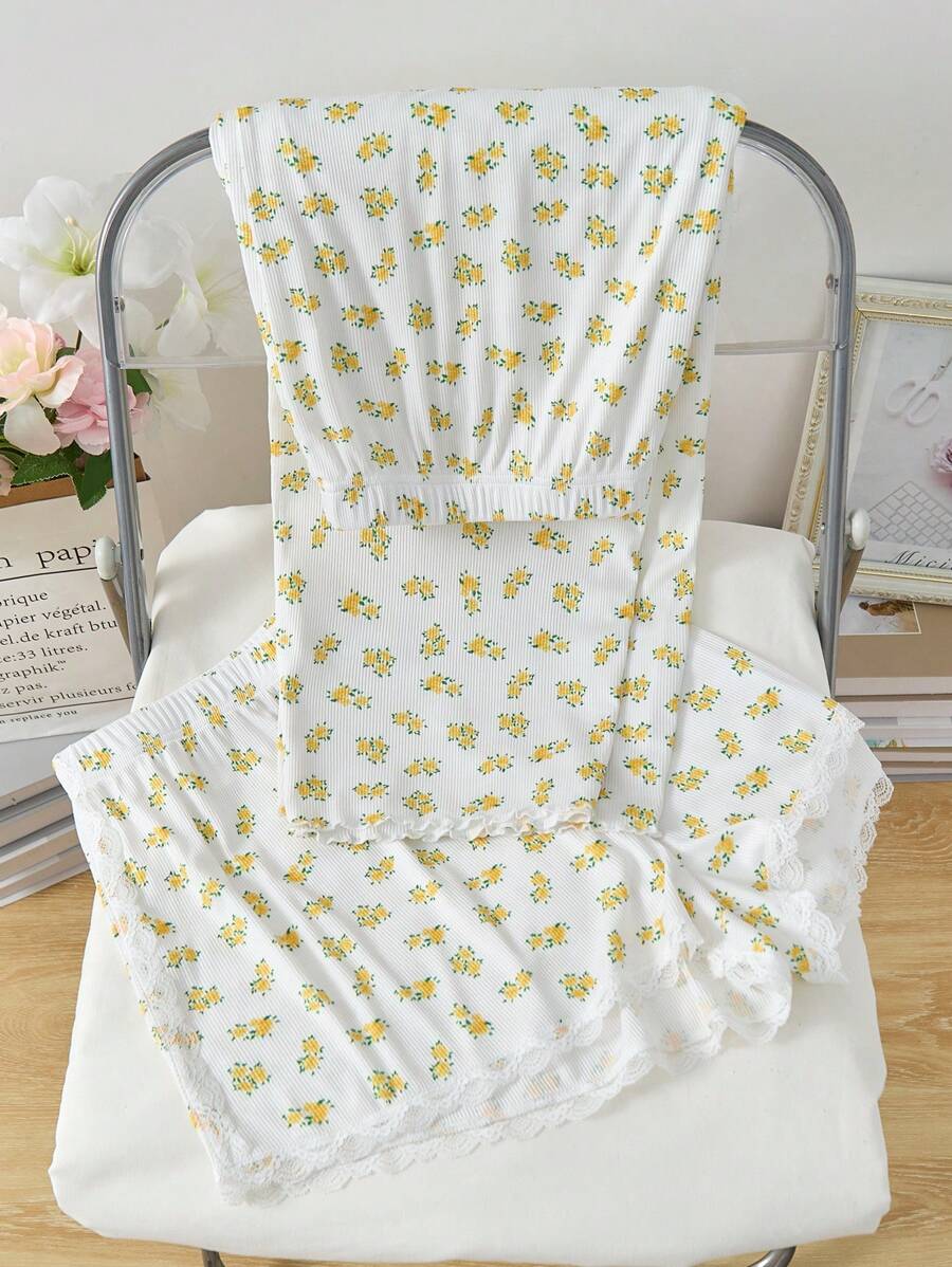 2 piezas Pantalones de pijama románticos minimalistas con flores rústicas de talla grande