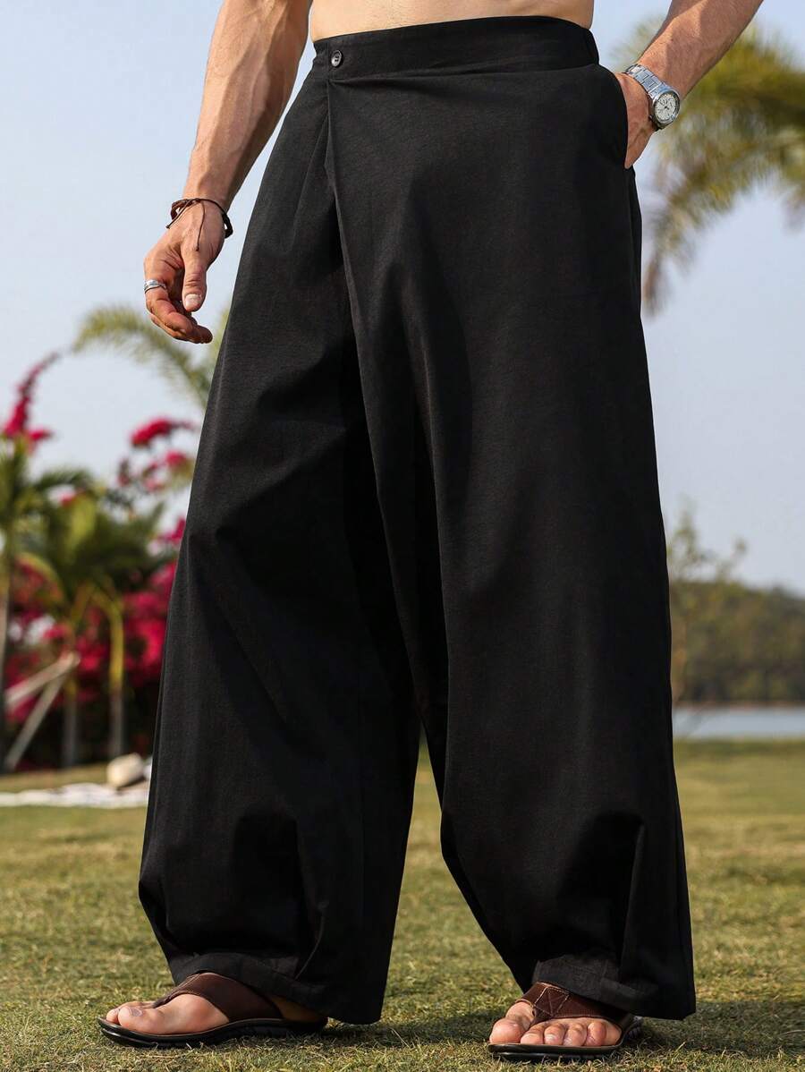 Manfinity Nomadique Men's Solid Color Asymmetric Front Design Wide Leg Casual Pants , Baggy Pants Men Pants , Men Wide Leg Pants , Men Baggy Pants , Men Pants Loose Fit
