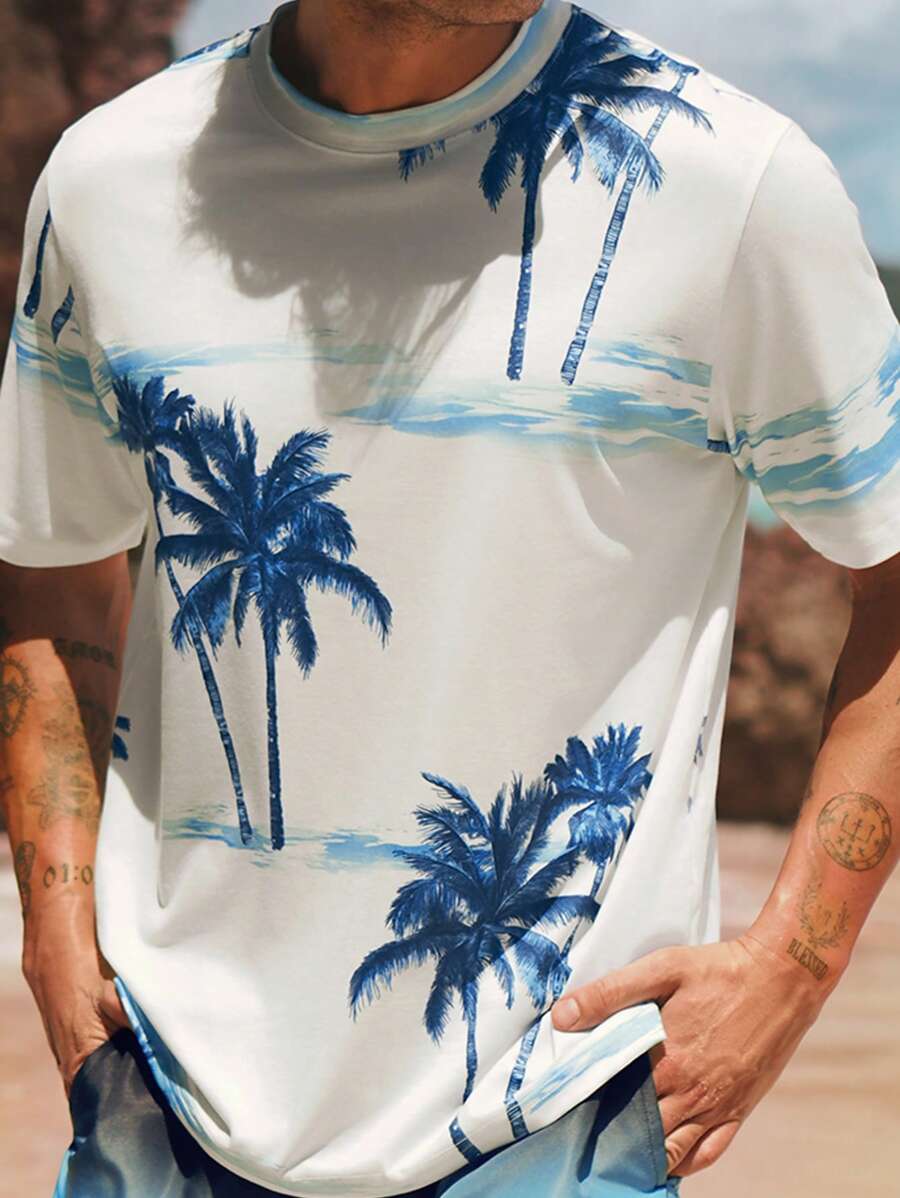 Manfinity VCAY Men's Casual Palm Tree Print Knit Crew Neck T-Shirt, Suitable For Summer