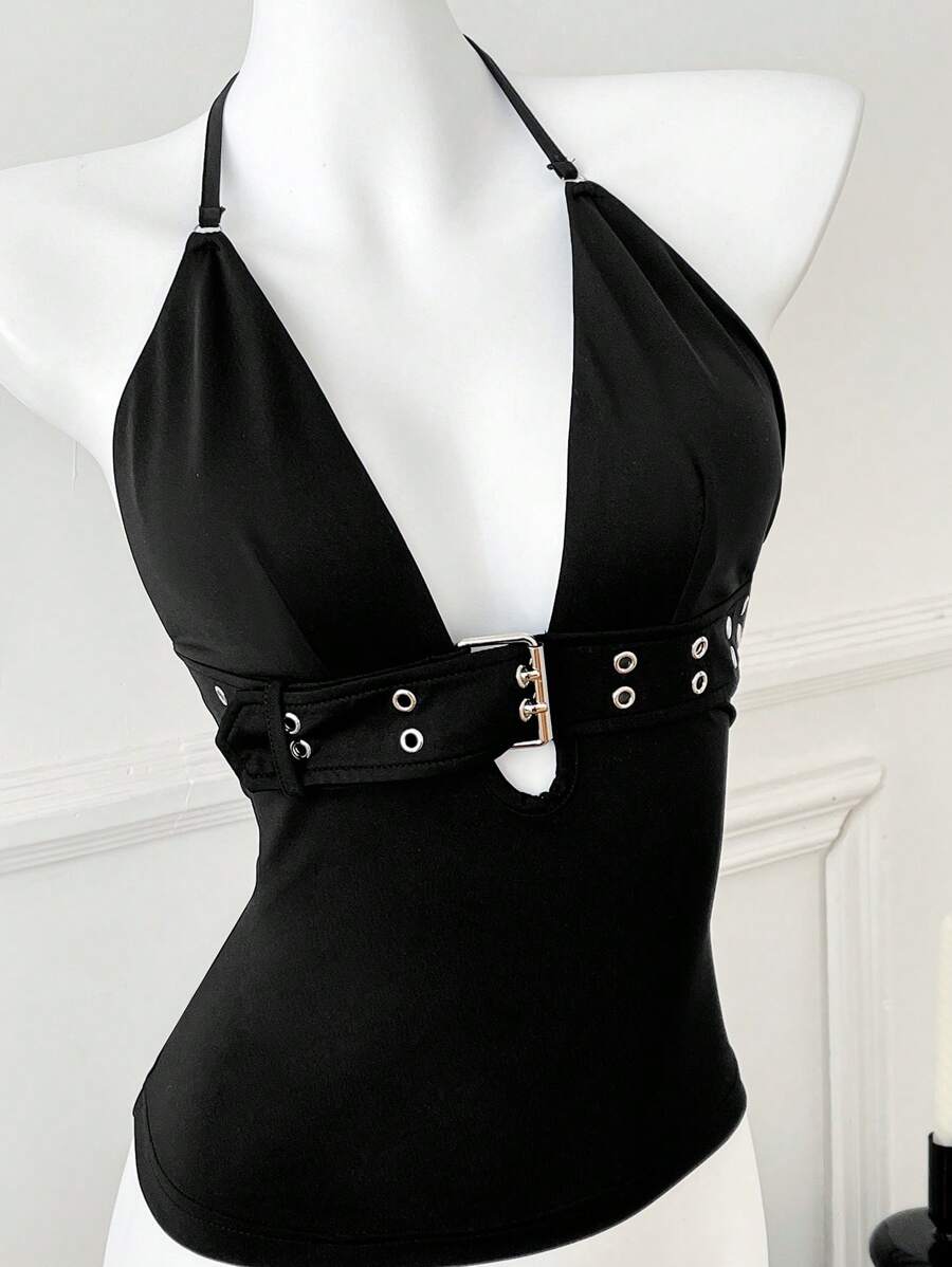 Comfortcana Top canotta donna con scollo alla halter, design con passante, a tinta unita, sexy