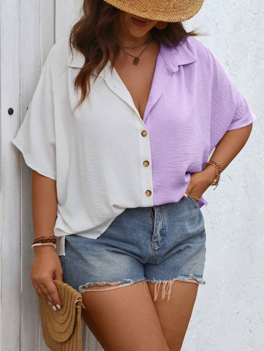 SHEIN LUNE Camisa suelta con botones al frente y bloques de color para talla grande, ideal para el verano