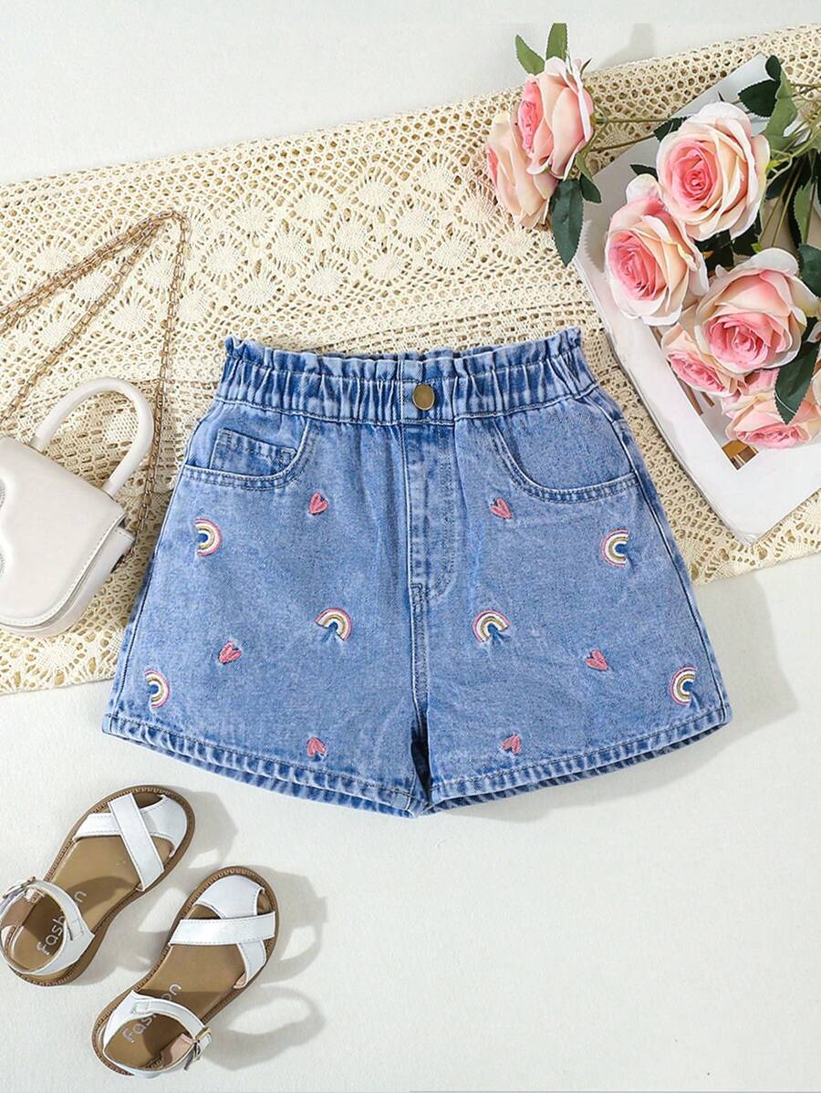 Short vaquero de verano ajustado y elegante para niñas preadolescentes con cintura fruncida y bordado de corazón arcoíris