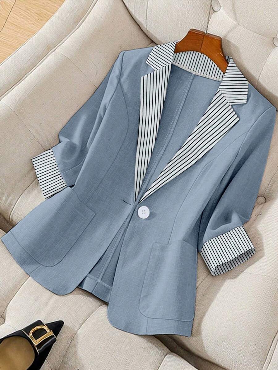 Regalyn Blazer casual de manga larga con botones, en talla grande, con diseño de rayas y parches, adecuado para ir al trabajo