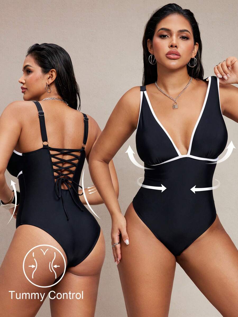 SHEIN Swim Monokini donna con bordi e schiena scoperta con lacci