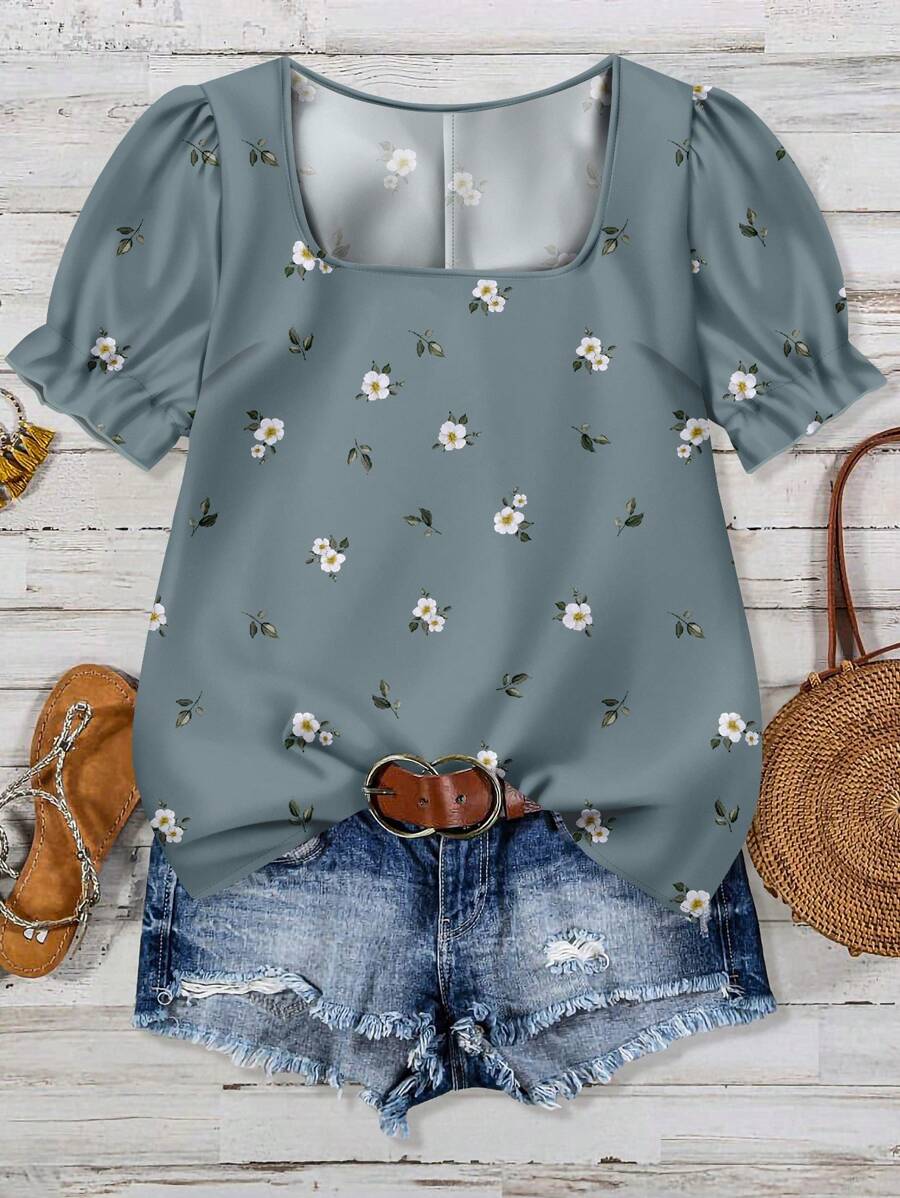 SHEIN LUNE Blusa de manga abullonada con cuello cuadrado y estampado floral verde de estilo minimalista informal, adecuada para vacaciones de verano en tallas grandes