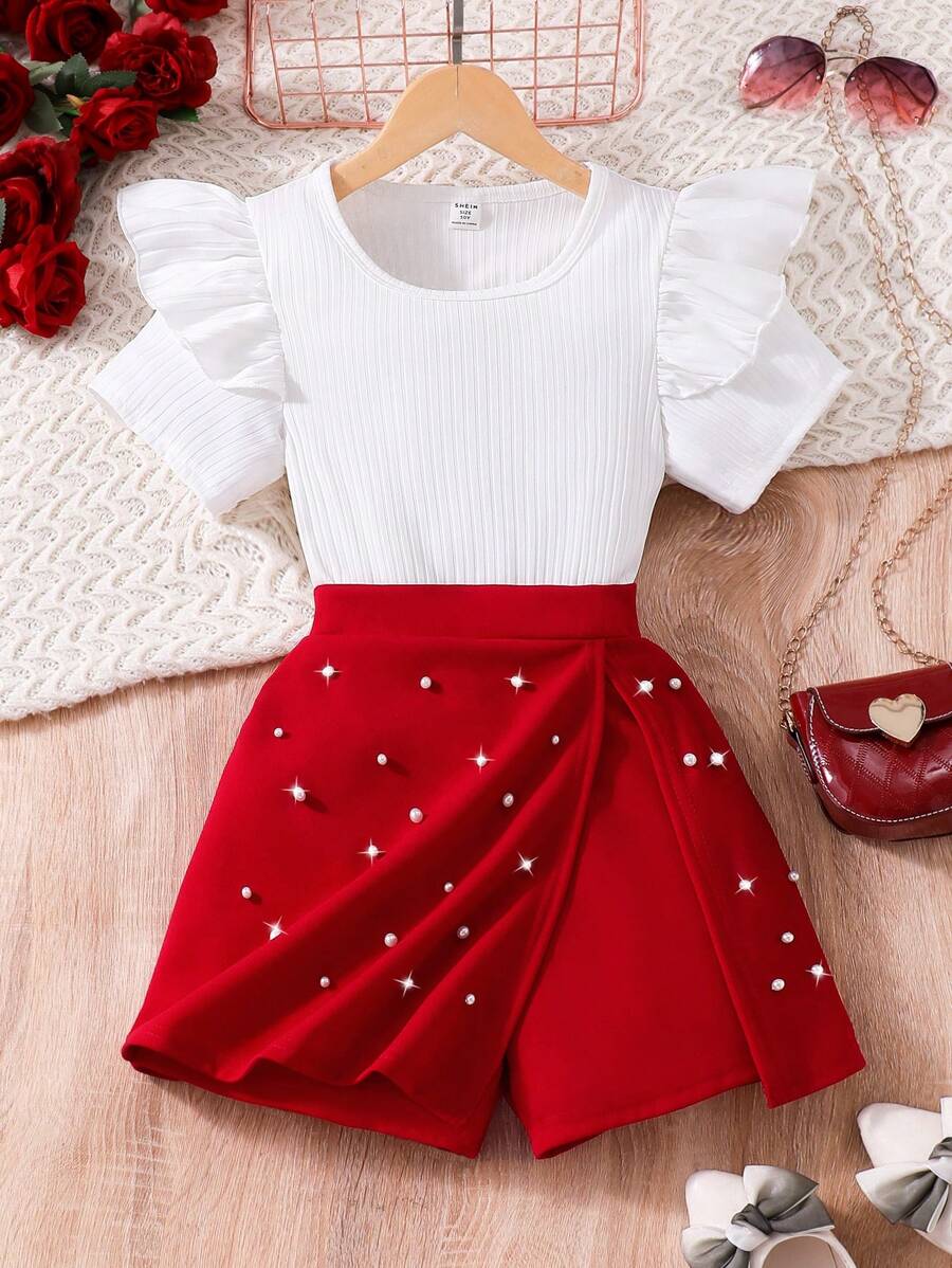 Conjunto de camiseta de manga corta y falda pantalón con perlas de unicolor para niña preadolescente