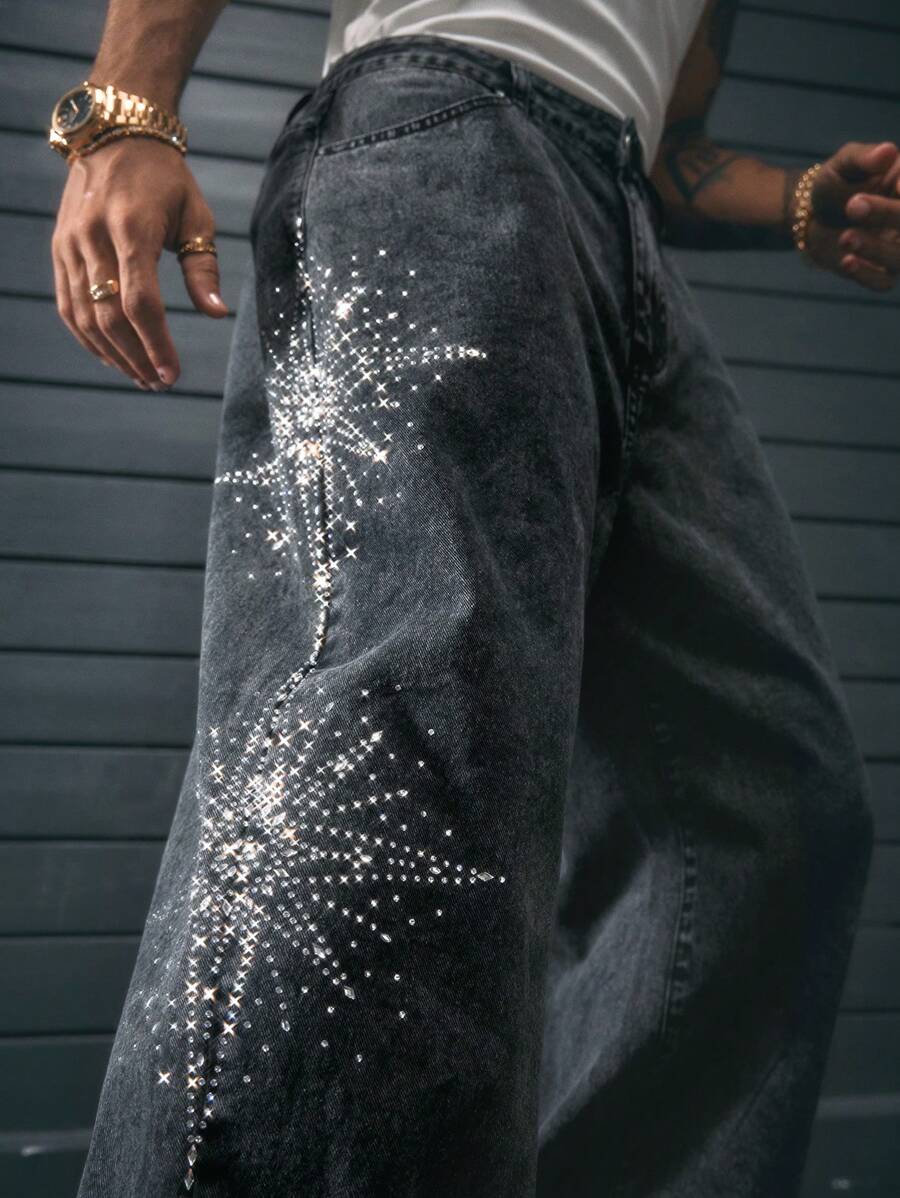 AXEPEAK Jeans de pierna recta larga para hombre con decoración de rhinestones, inspirado en el streetwear