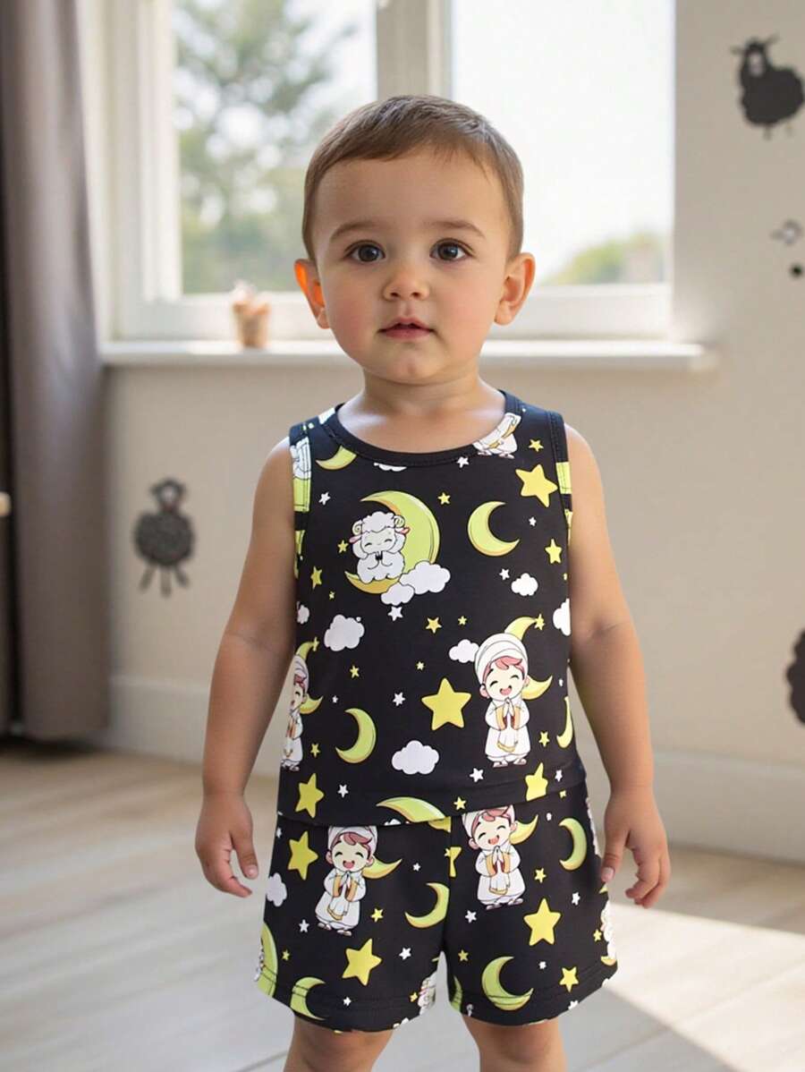 Set de 2 piezas de top sin mangas con estampado de oveja y pantalones cortos para niño pequeño, conjunto casual, lindo y cómodo para uso diario