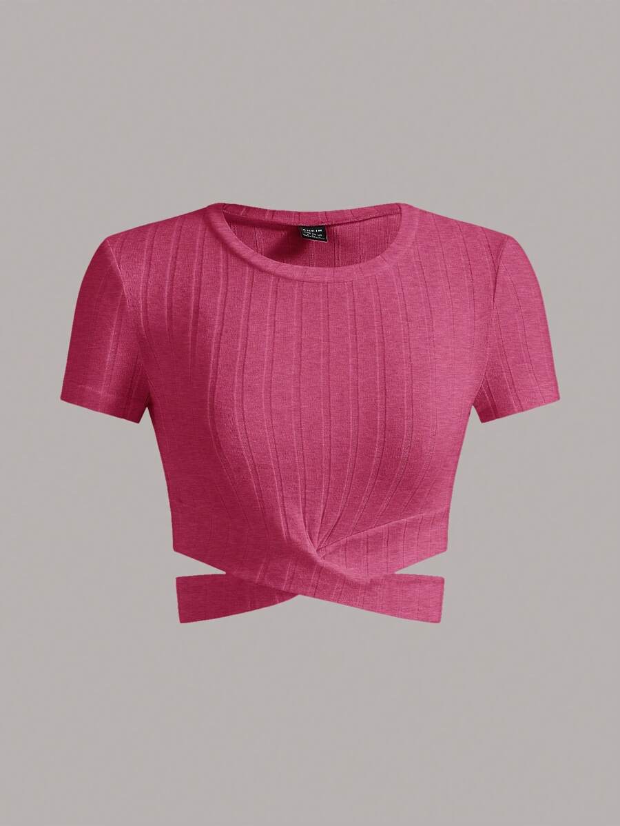 SHEIN EZwear Camiseta recta de verano blanca de corte holgado con aberturas cruzadas, bajo recortado y mangas cortas, ajuste ceñido