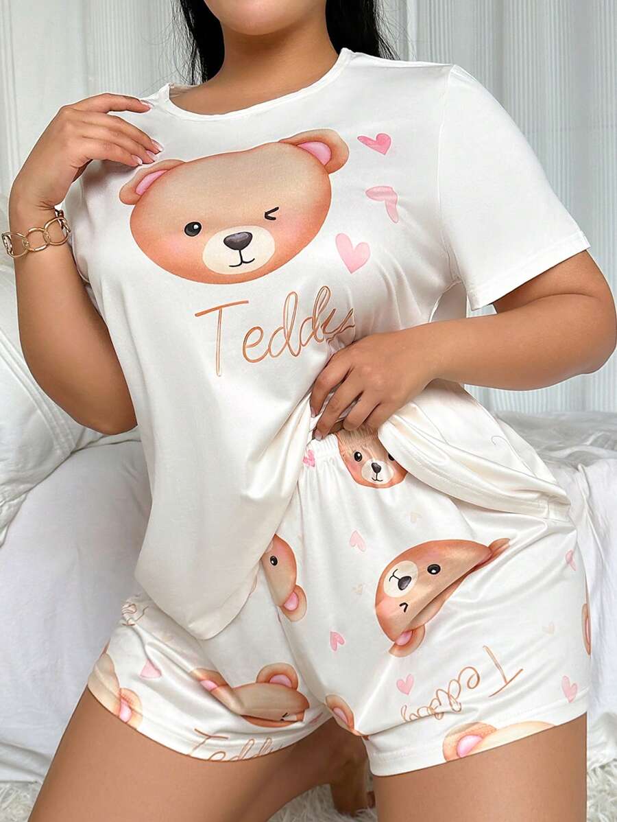SHEIN Pijama de manga corta con estampado de oso de dibujos animados lindo y cuello redondo, short, talla grande