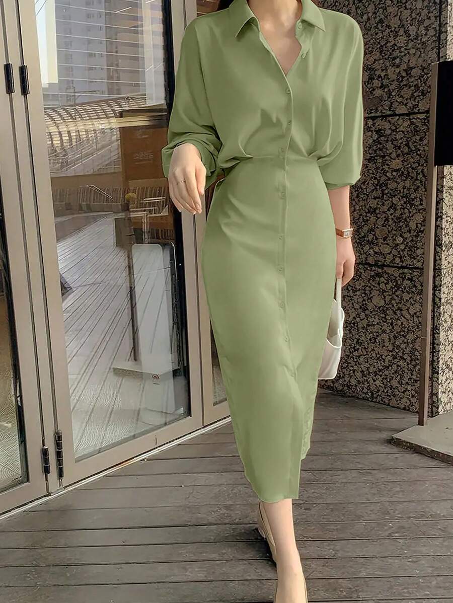 Women's Solid Color Long Sleeve Single-Breasted Casual Shirt Dress