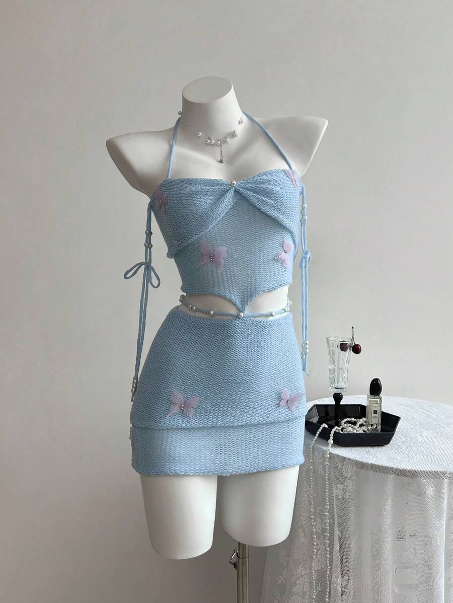 Elamini Women's Butterfly Applique Blue Hollow Neck Sleeveless Sweater Dress