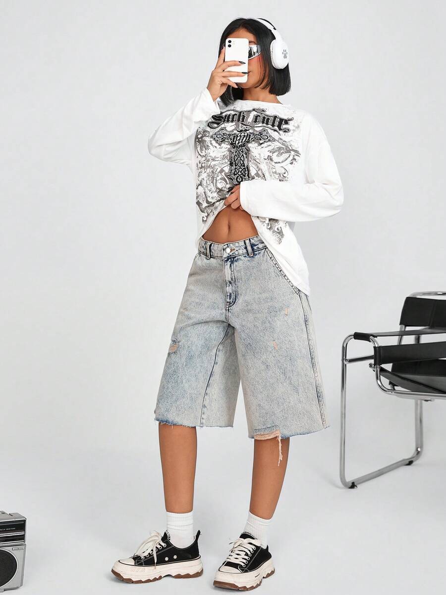 SHEIN Jeans corti a vita bassa, tinti e strappati