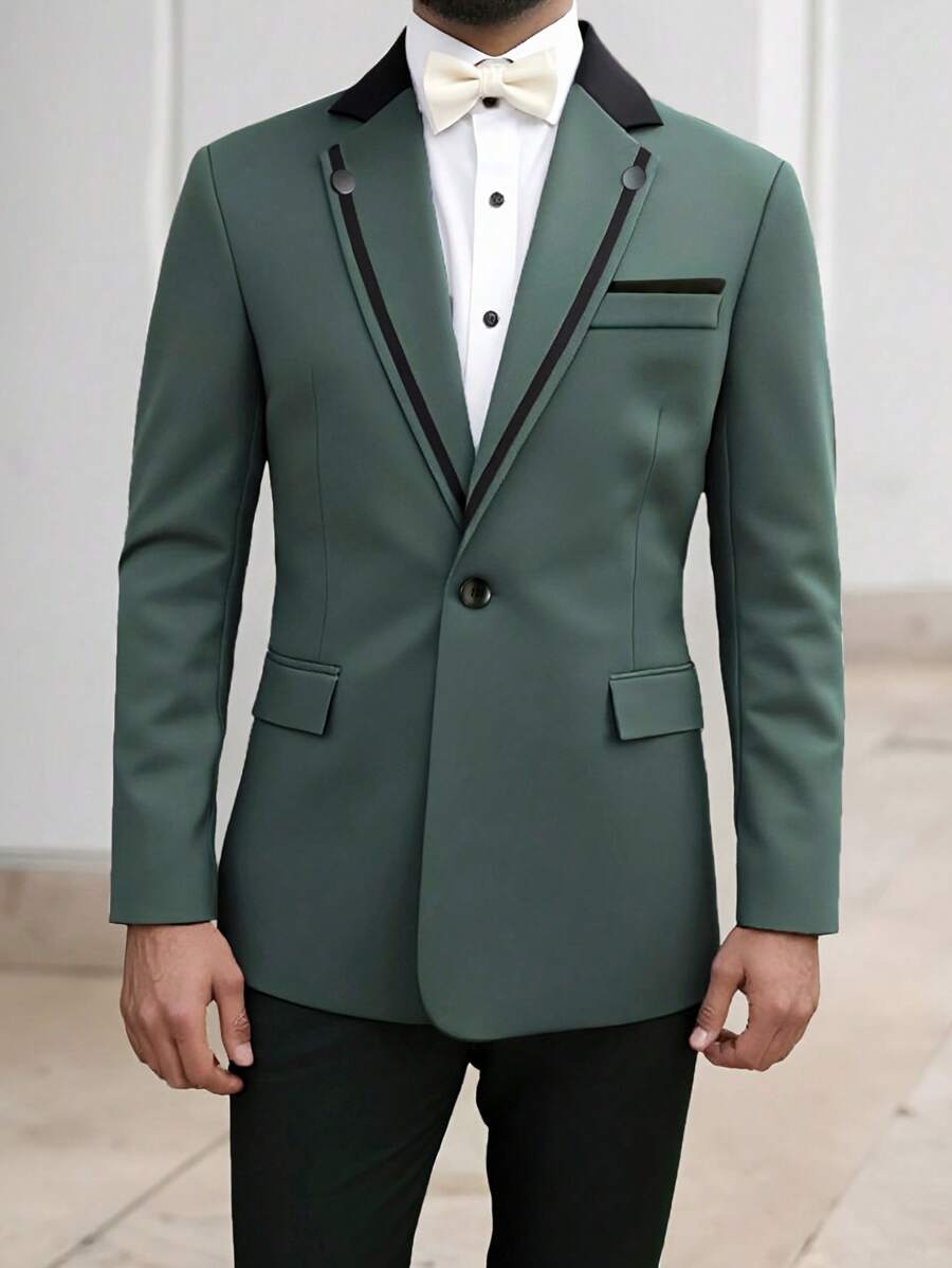 Manfinity Mode Men's Casual Blazer Suit, Contrast Color Block With Button Decor