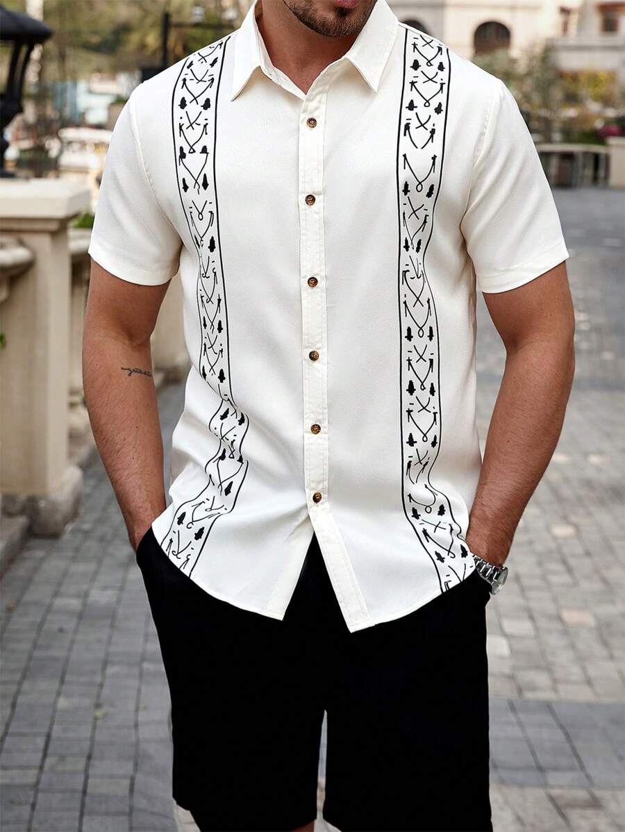 Manfinity Homme Conjunto informal de 2 piezas de camisa de manga corta con botones delanteros y estampado y pantalones cortos para hombre, para verano