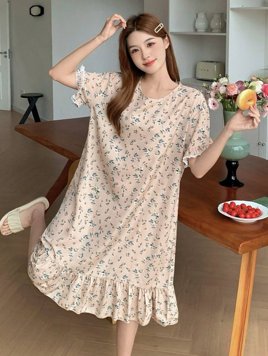 Camisón informal holgado para adolescentes con cuello redondo, encaje y estampado floral menudo