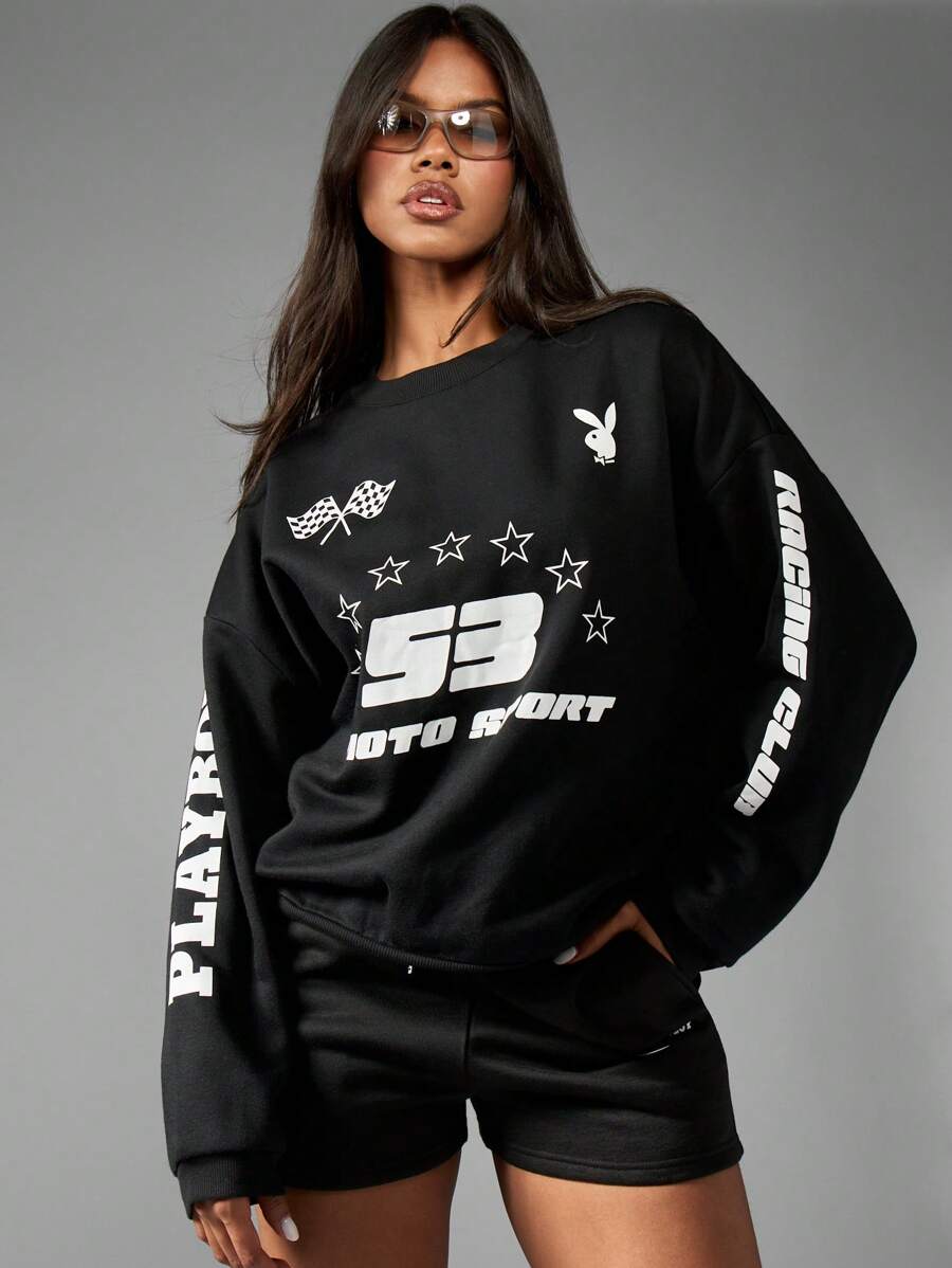Missguided x Playboy Sudadera deportiva de estilo de carreras de coches, competición de motorsport, colección de trofeo, bandera a cuadros, estilo urbano, deporte, casual, otoño, invierno, ropa deportiva