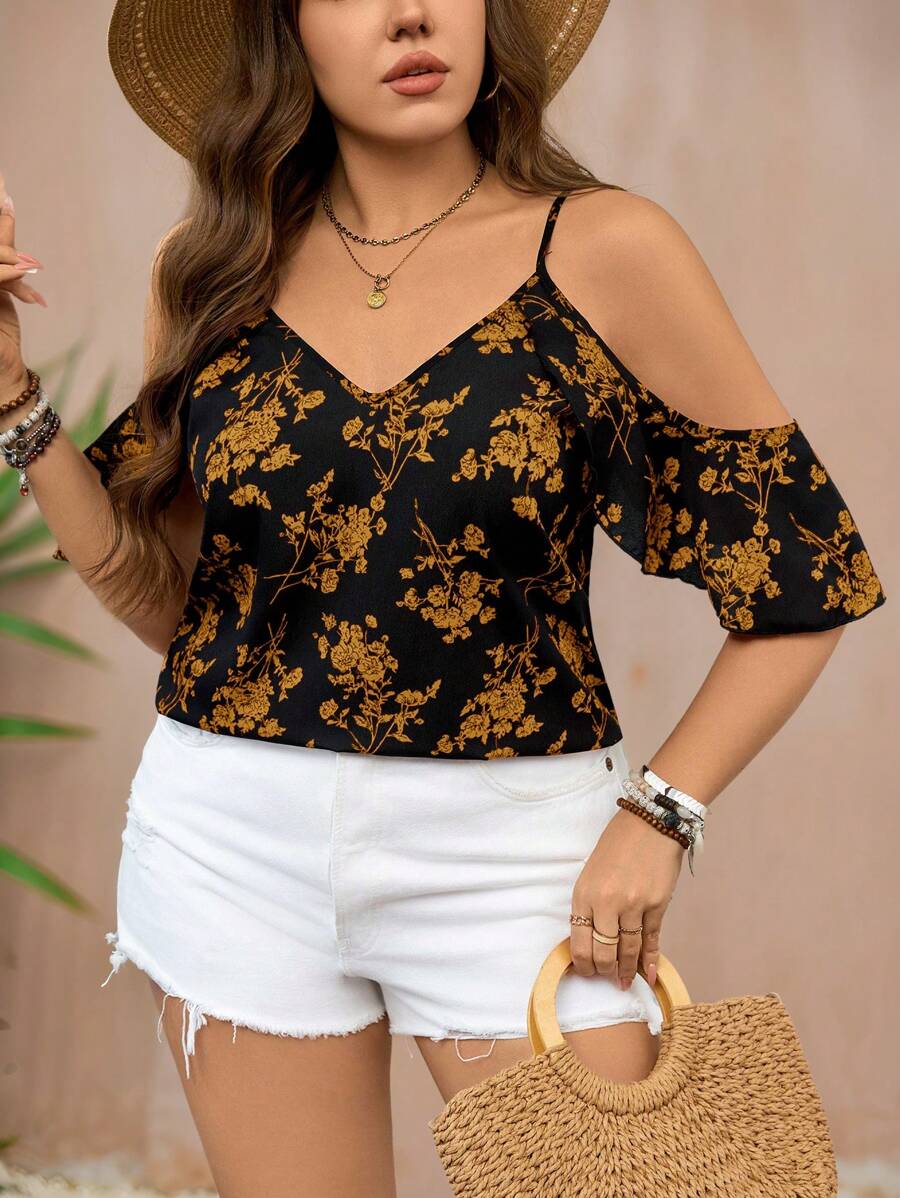 SHEIN LUNE Plus Size Vacation Casual Floral Print Open Shoulder Camisole