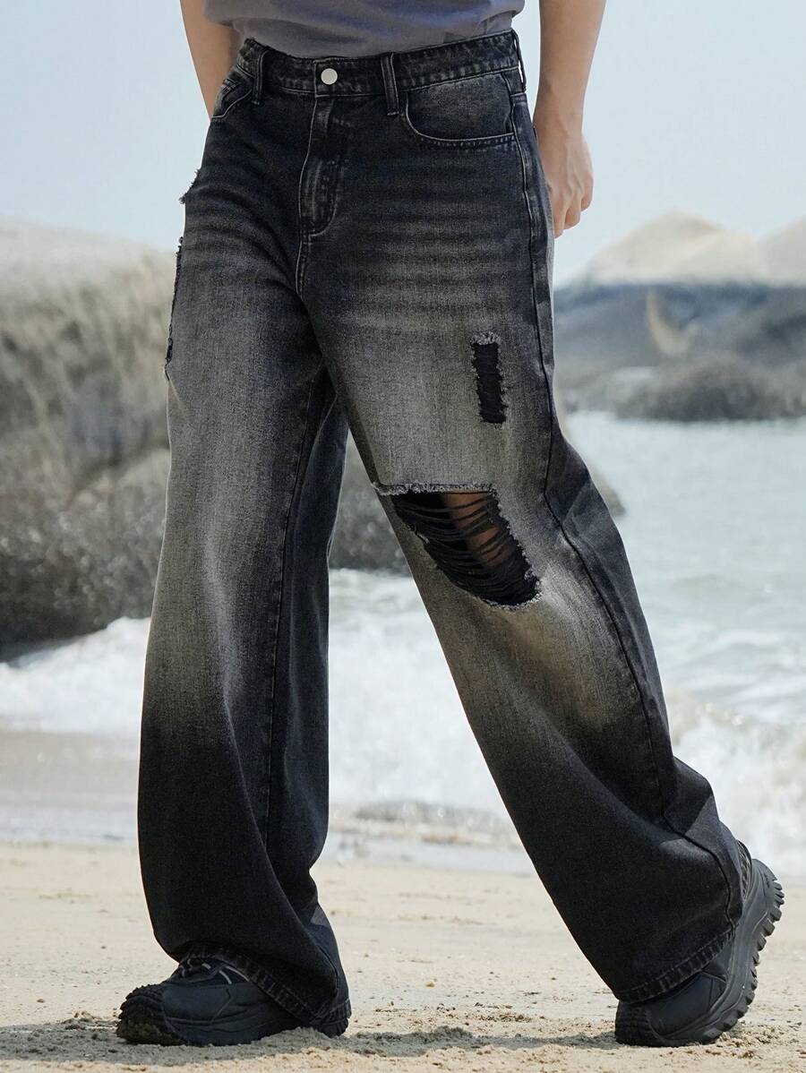 DAZY Jeans rectos de pierna ancha desgastados y lavados en negro con bolsillos ladeados para hombre, para la temporada de primavera