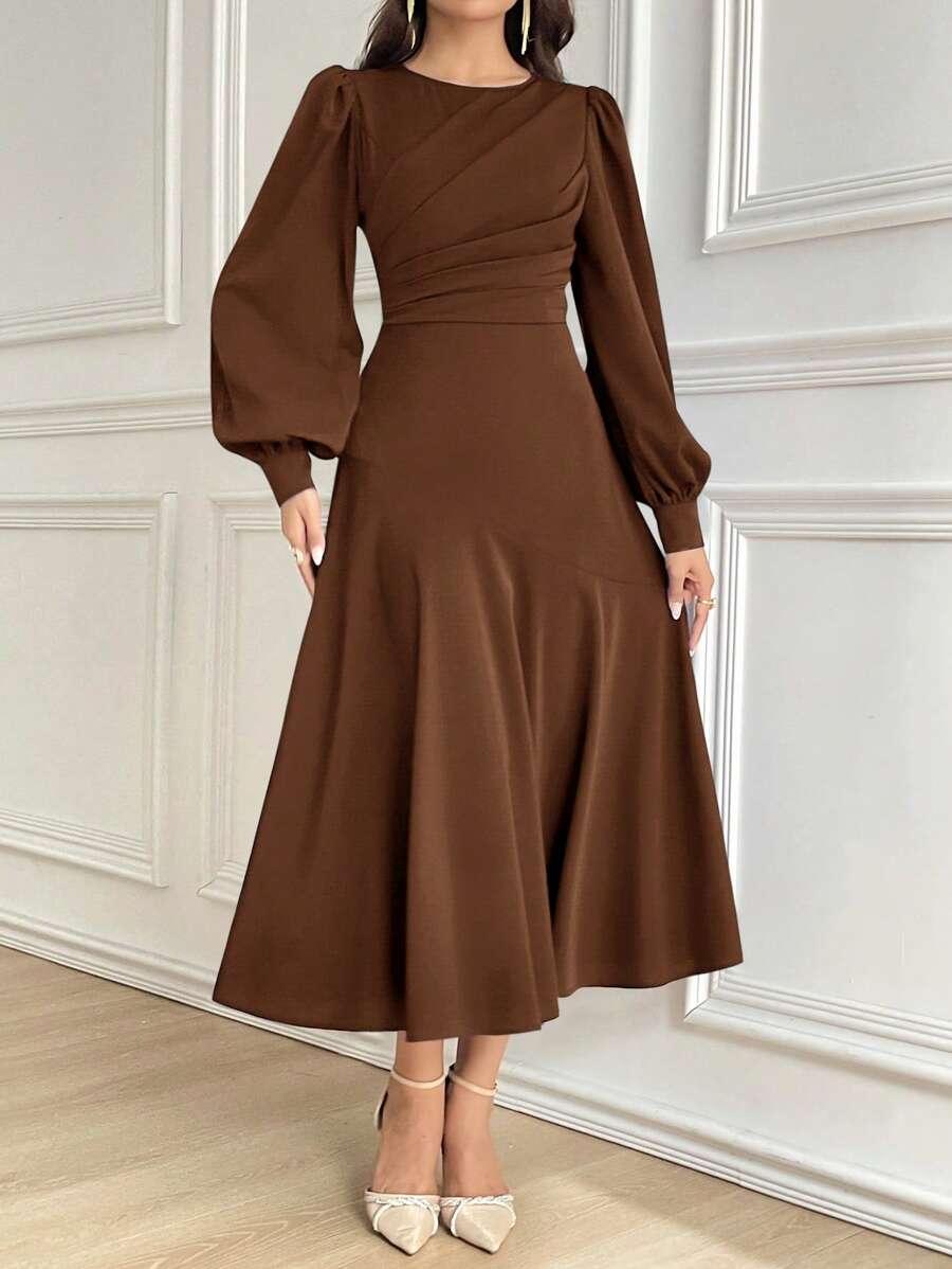 Modelyn فستان نساء أنيق بأكمام فانوس وباللون الأحادي متوسط الطول، فساتين مسائية طويلة للخريف'