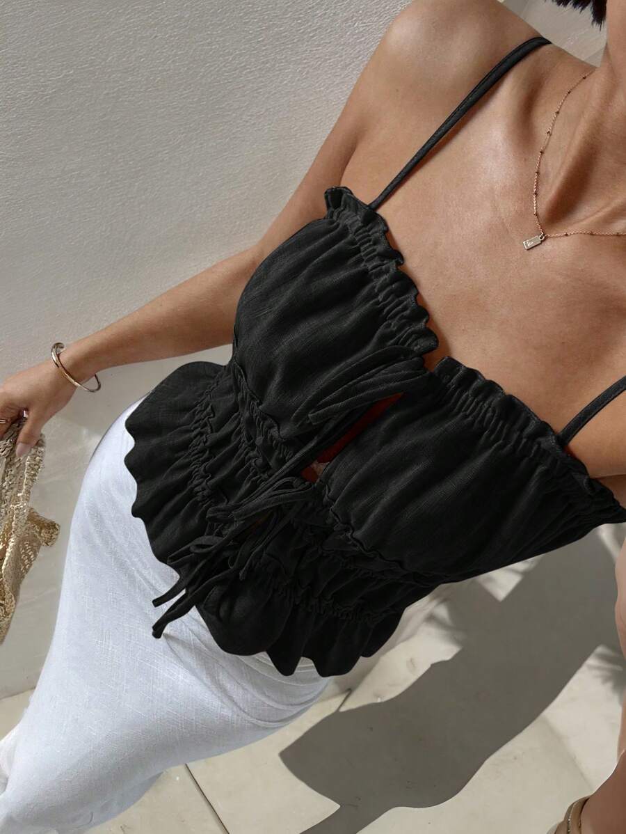 Siren Gaze Women's Solid Color Drawstring Pleated Camisole, Spring/Summer