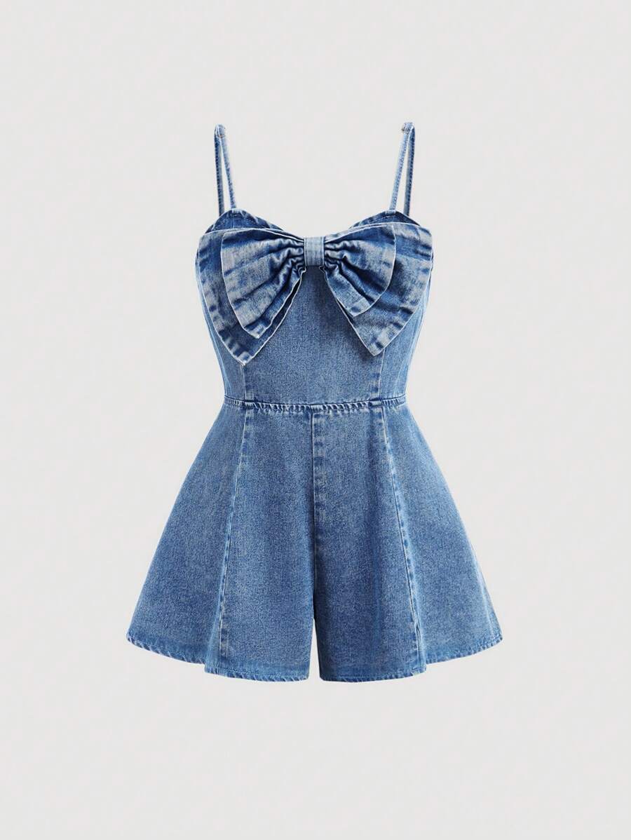 SHEIN Girlism Mono vaquero con lazos tridimensionales cómodos y de estilo vintage Y2K para niñas preadolescentes, ropa de diario, atuendos de verano y primavera, ropa para festivales y playa