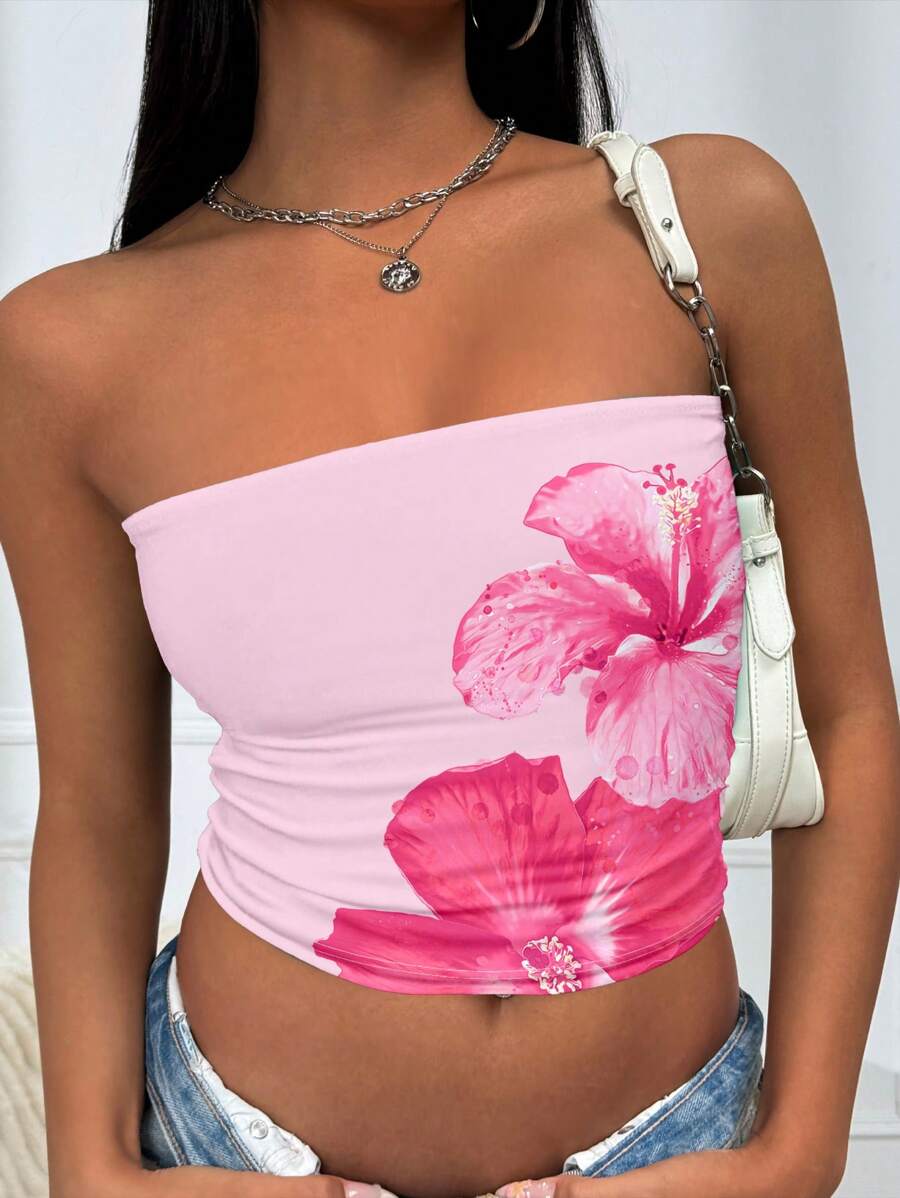 INAWLY Women's Casual Vacation Pink Hibiscus Floral Print Bandeau Tube Top