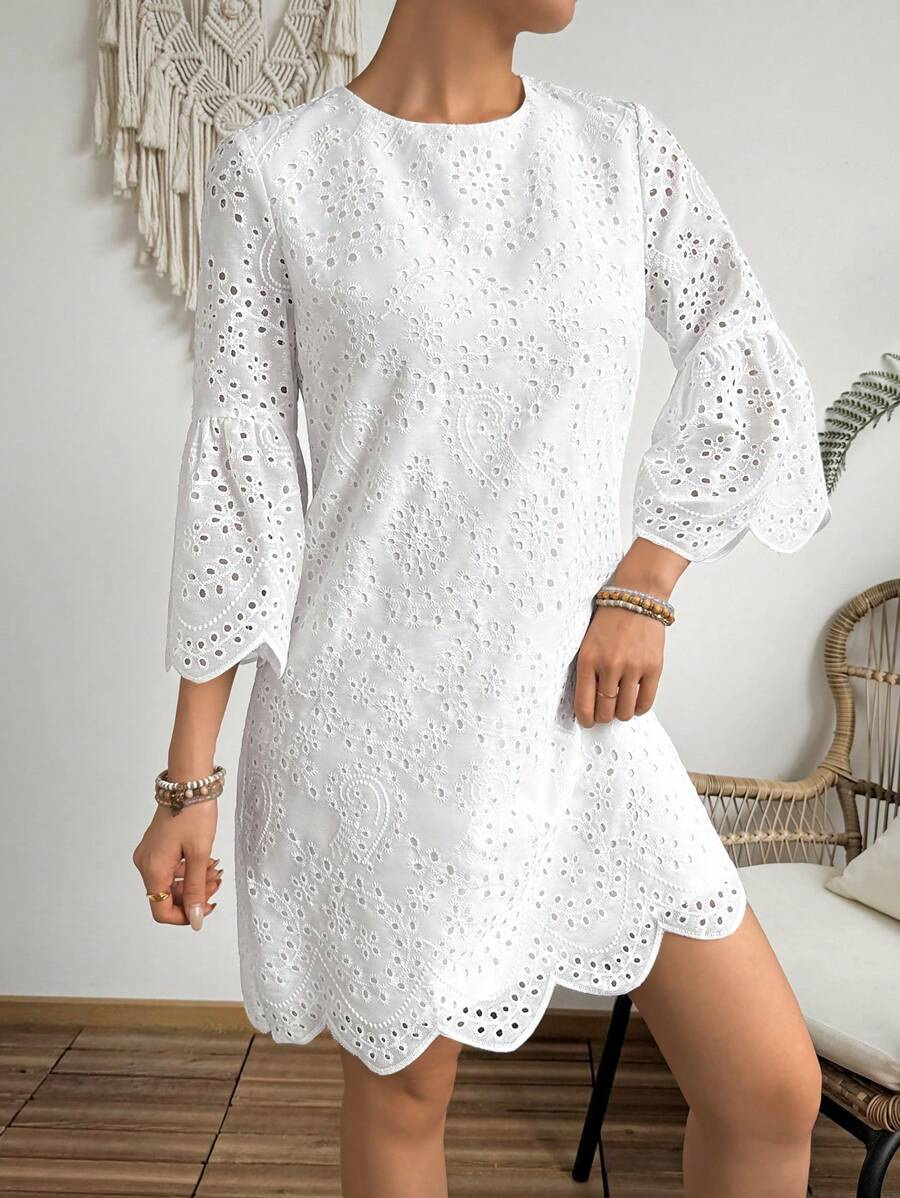 Breezaya Abito da donna con ricamo traforato e orlo a balze per la primavera e l'estate