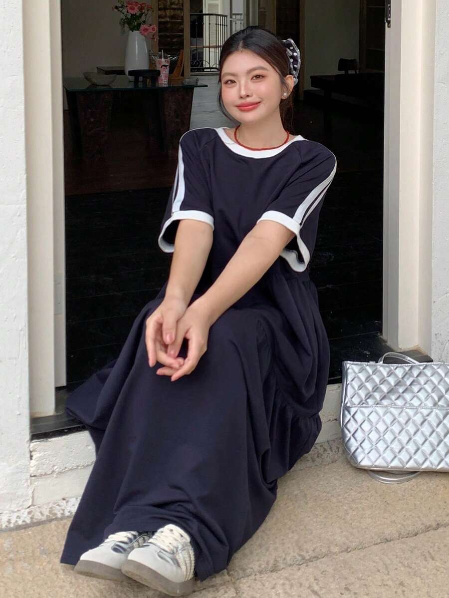 Dazy Plus Contrast Color Block Round Neck Short Sleeve Loose Fit Ankle Length Knitted Dress, Summer Women Plus Black Dress,Casual Women Dresses