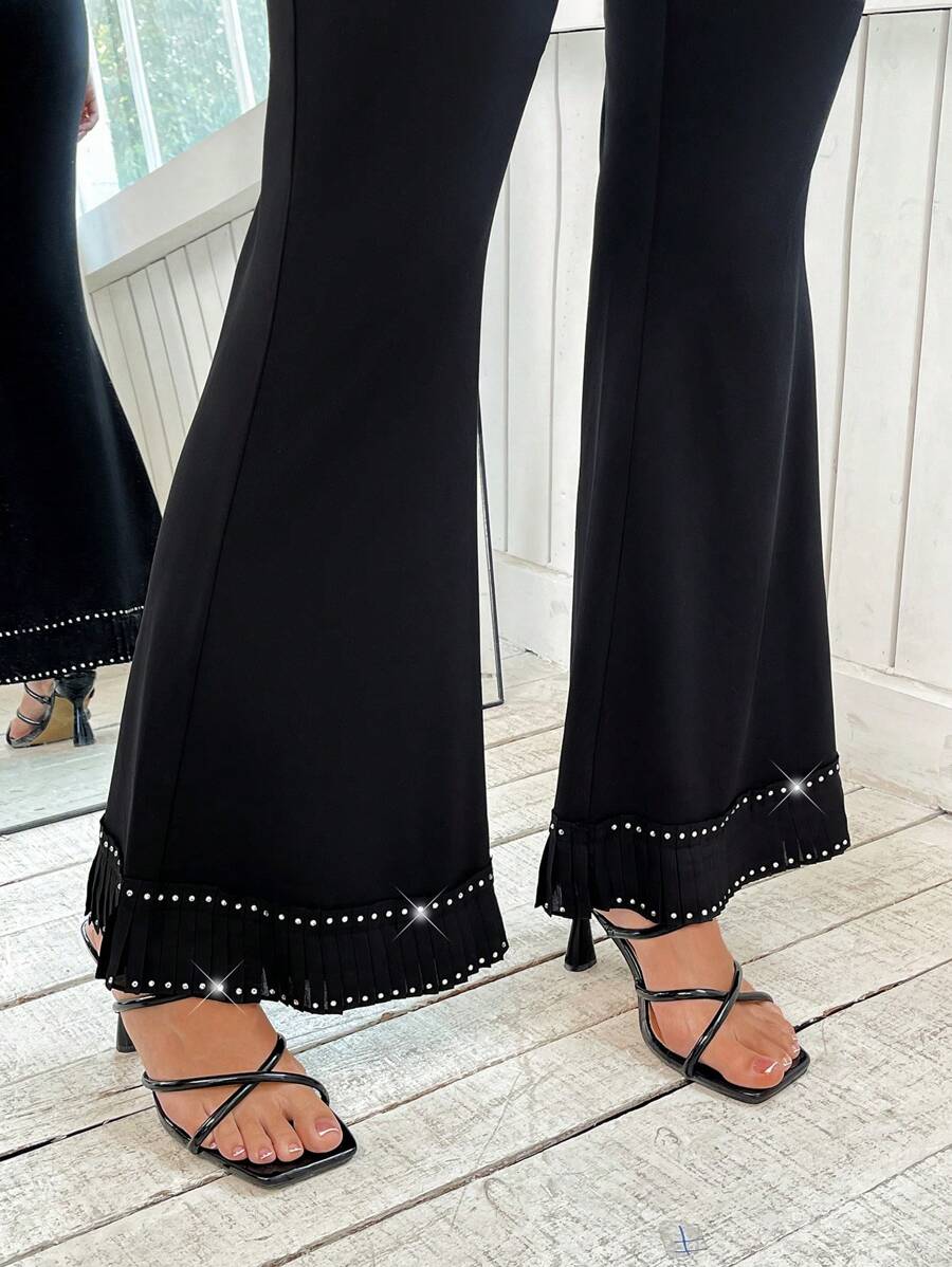 SHEIN Clasi Pantaloni a zampa in maglia nera elasticizzata, eleganti e casual, da donna curvy e formose, con strass luccicanti, pantaloni neri, jeans a zampa, outfit estivi da donna, casual business, per uscire, abiti da ufficio per donne, stile old money, abbigliamento business casual da donna, pantaloni estivi, pantaloni da lavoro