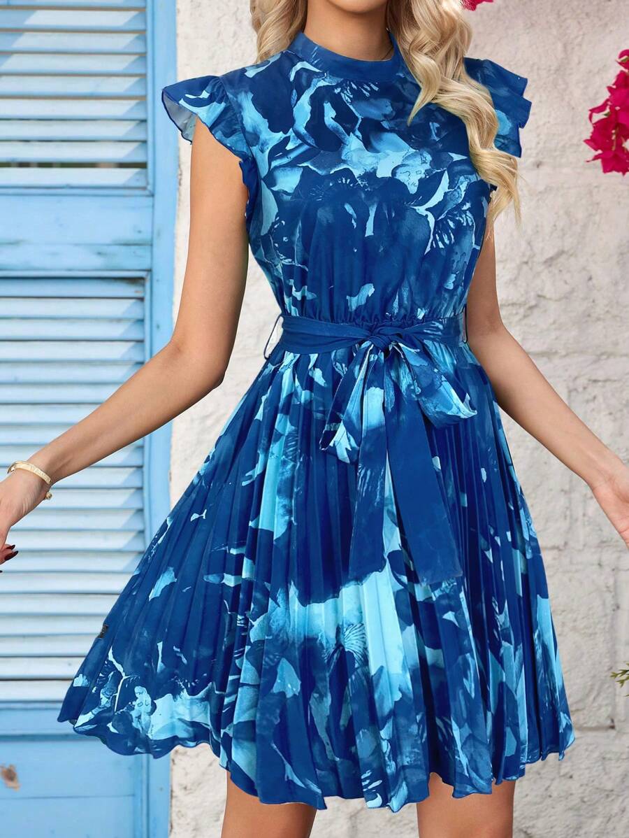 SHEIN Clasi 1 pieza Vestido midi ajustado con cintura de lazo y estampado de acuarela verde, cuello alto y bajo fruncido. Conjunto de vestidos de verano para mujer para vacaciones, vestidos de verano, ropa de verano para mujer, vestidos de verano para el día de San Patricio, conjunto de vestidos de verano para el día de San Patricio, vestidos de verano para mujer, vestido de sol