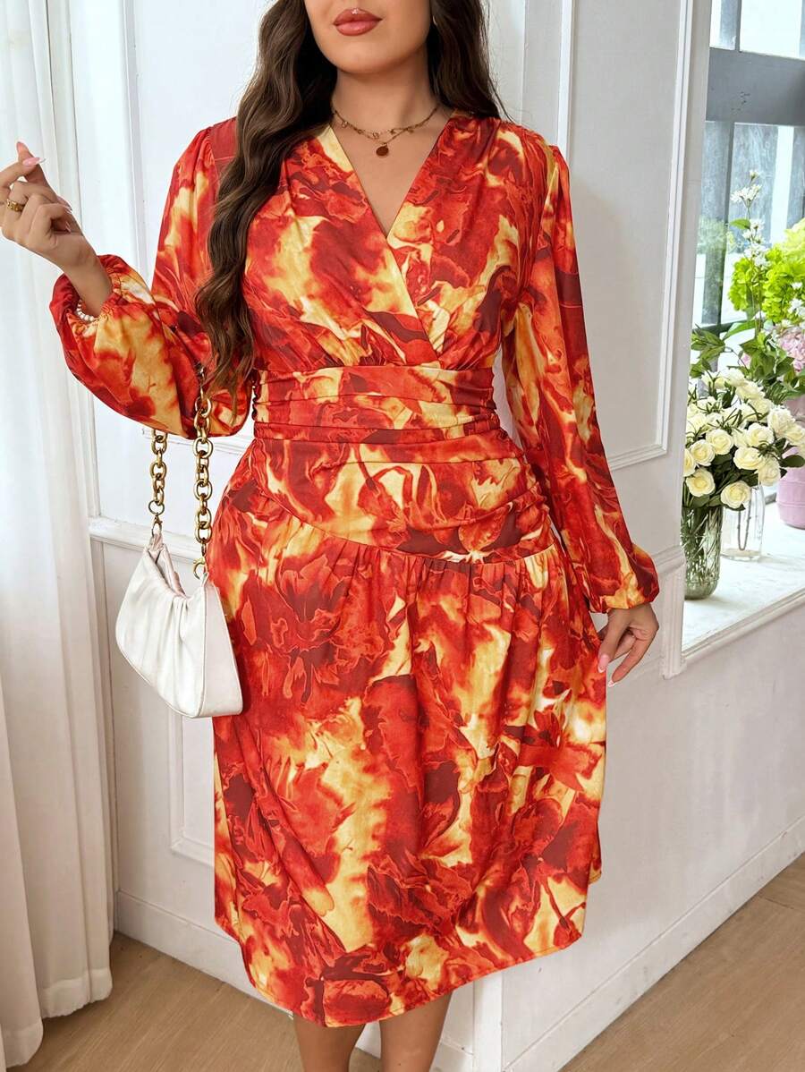 SHEIN Privé Plus Size Women Floral Print Asymmetric Ruffled Hem Dress, Bohemian Elegant Romantic French Style Graduation Dress