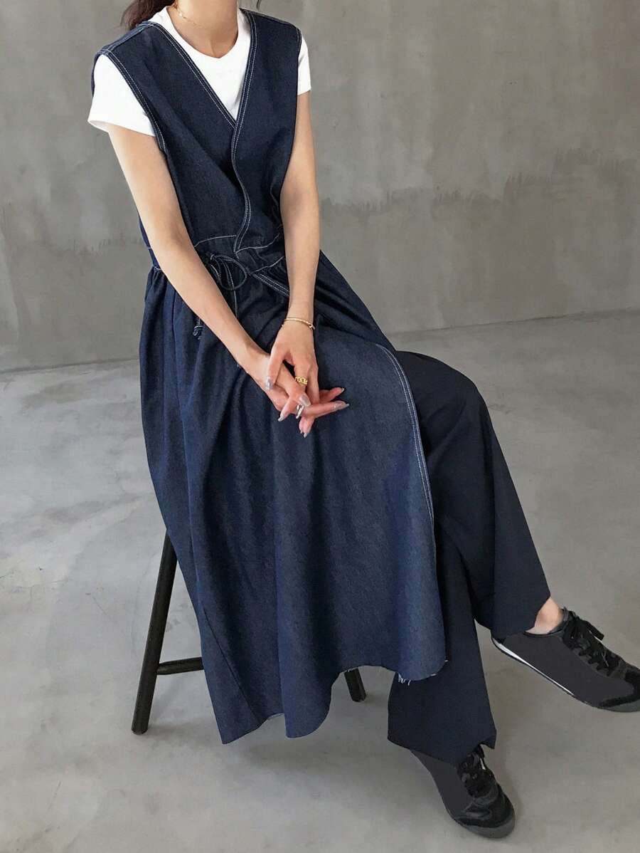 FRIFUL Vestito in jeans casual, scollo a V, vita con coulisse, da donna per l'estate