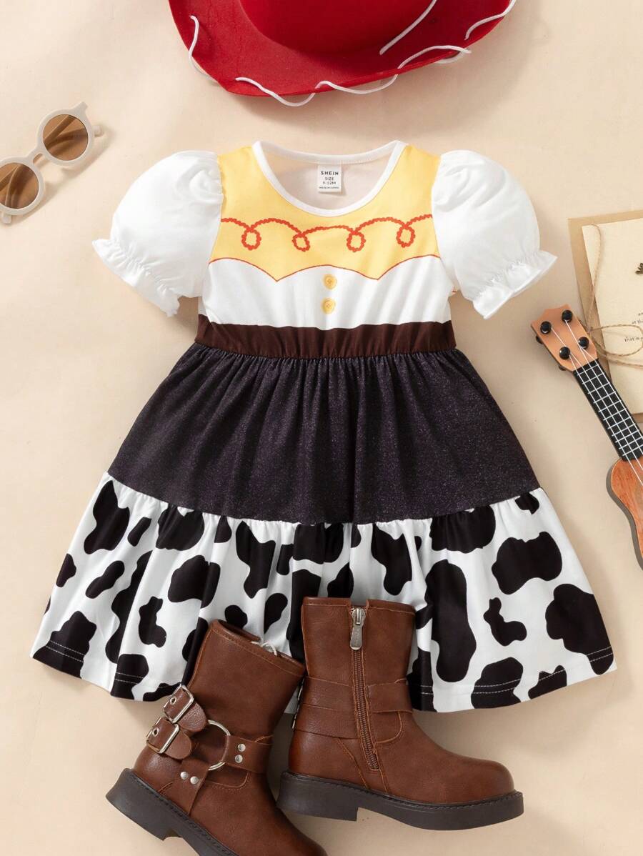 SHEIN Persoplay Kids Baby Girls Vintage Style Cute Puff Sleeve Casual Dress, Suitable For Parties, Gatherings, Birthday, Outdoor Activities, Vacation, Theme Parks, Spring/Summer