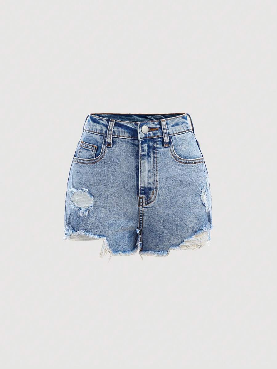 SHEIN Girlism Shorts vaqueros de mezclilla desgastada con bolsillos en diagonal para niñas preadolescentes, conjuntos de ropa de verano para niñas estilo bohemio casual